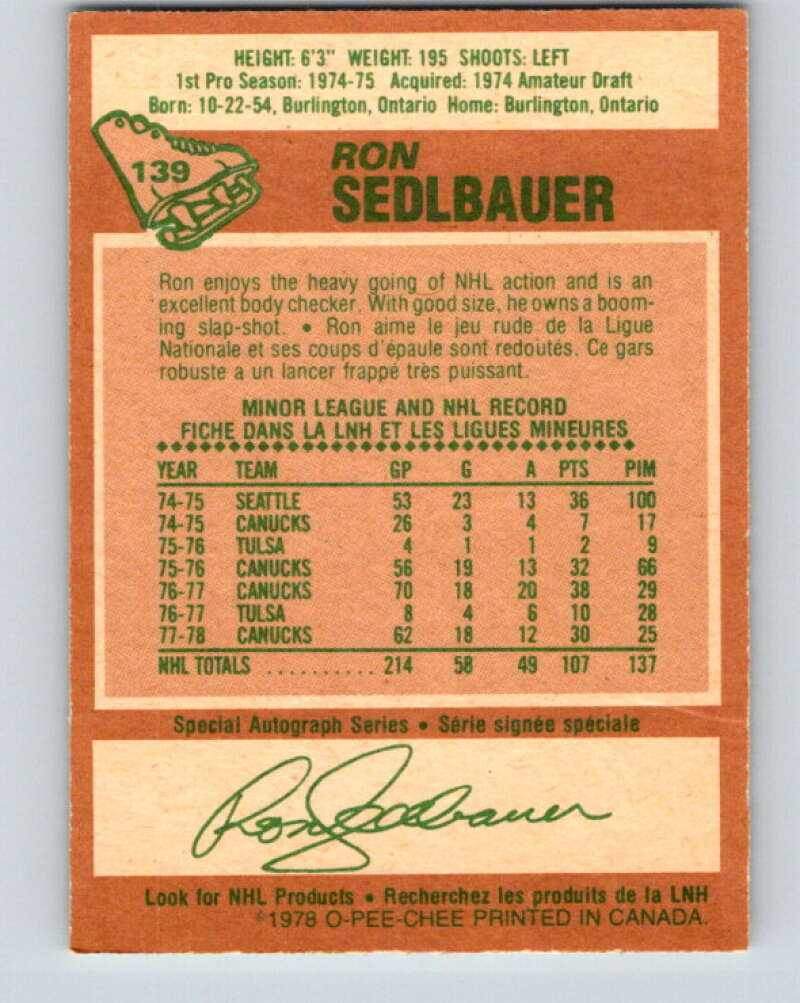 1978-79 O-Pee-Chee #139 Ron Sedlbauer Vancouver Canucks V22859