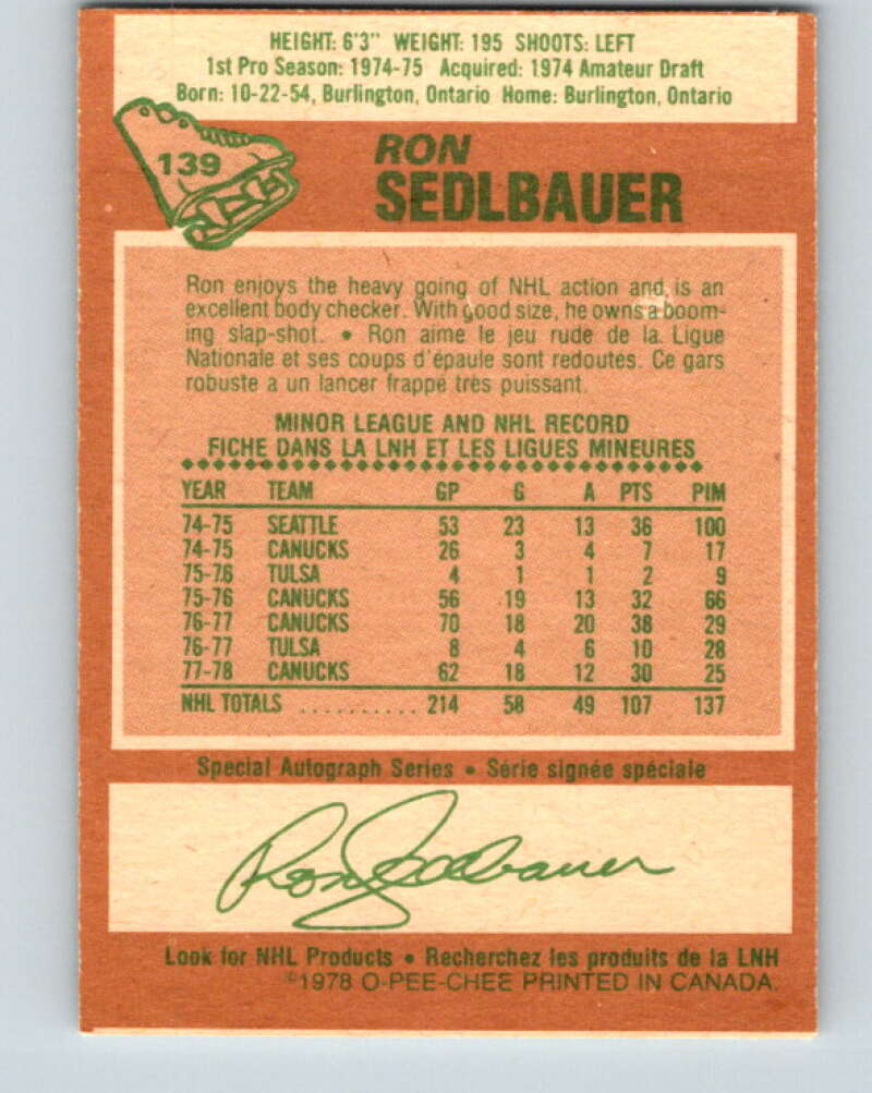 1978-79 O-Pee-Chee #139 Ron Sedlbauer Vancouver Canucks V22861