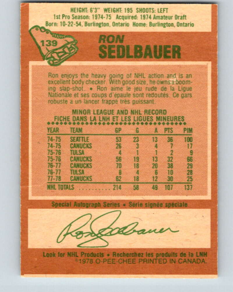1978-79 O-Pee-Chee #139 Ron Sedlbauer Vancouver Canucks V22863