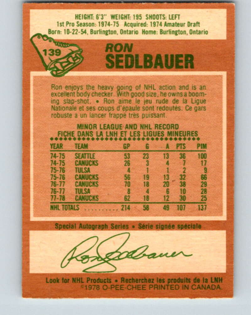 1978-79 O-Pee-Chee #139 Ron Sedlbauer Vancouver Canucks V22864