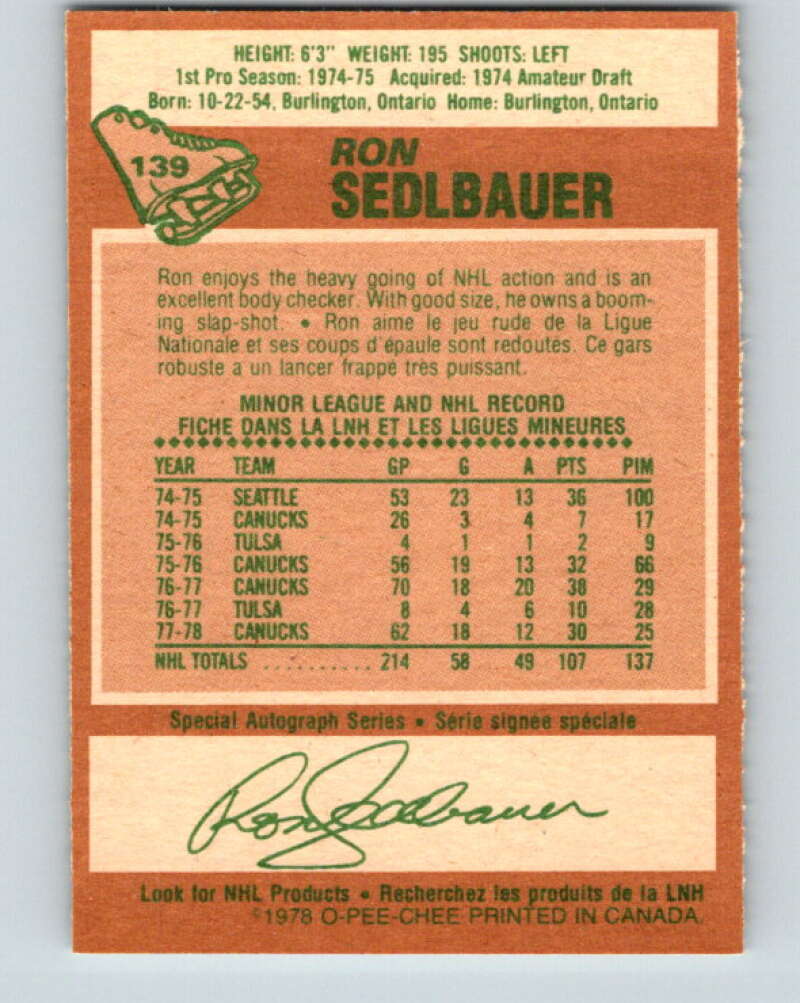 1978-79 O-Pee-Chee #139 Ron Sedlbauer Vancouver Canucks V22865