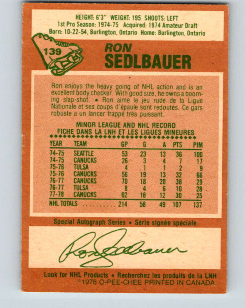 1978-79 O-Pee-Chee #139 Ron Sedlbauer Vancouver Canucks V22867
