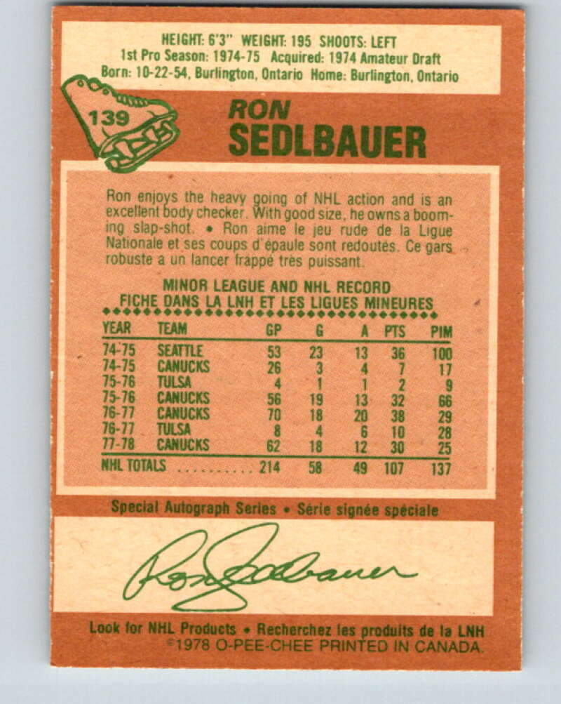 1978-79 O-Pee-Chee #139 Ron Sedlbauer Vancouver Canucks V22874