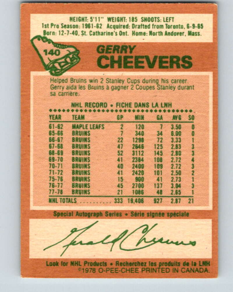 1978-79 O-Pee-Chee #140 Gerry Cheevers Boston Bruins V22877