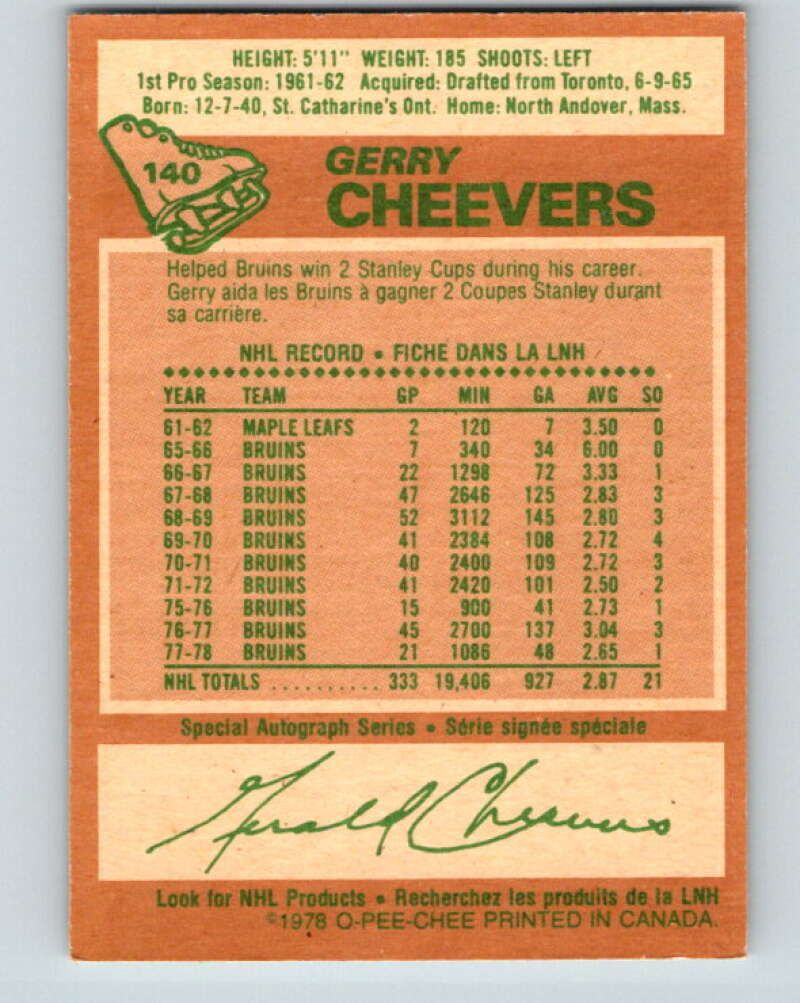 1978-79 O-Pee-Chee #140 Gerry Cheevers Boston Bruins V22879