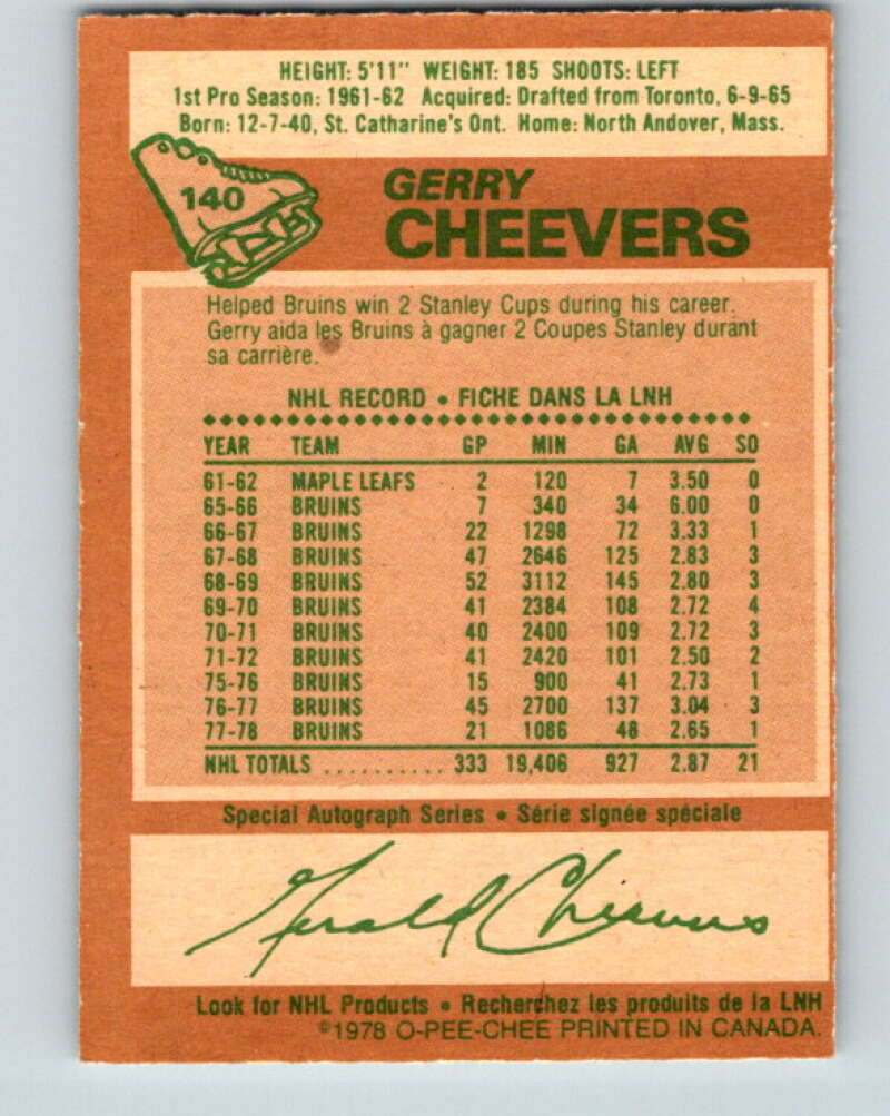 1978-79 O-Pee-Chee #140 Gerry Cheevers Boston Bruins V22880