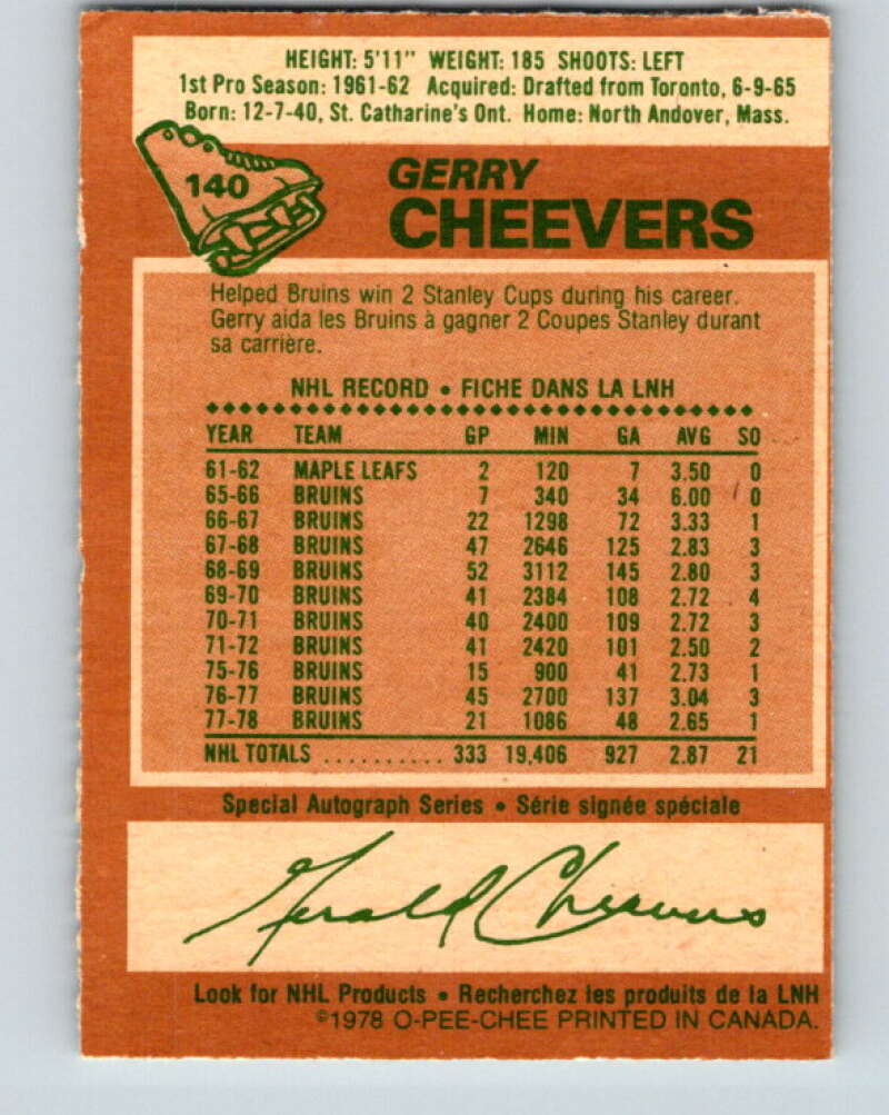 1978-79 O-Pee-Chee #140 Gerry Cheevers Boston Bruins V22881