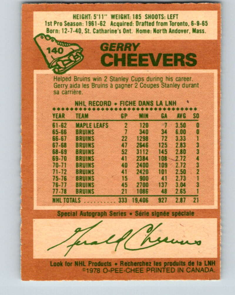 1978-79 O-Pee-Chee #140 Gerry Cheevers Boston Bruins V22882