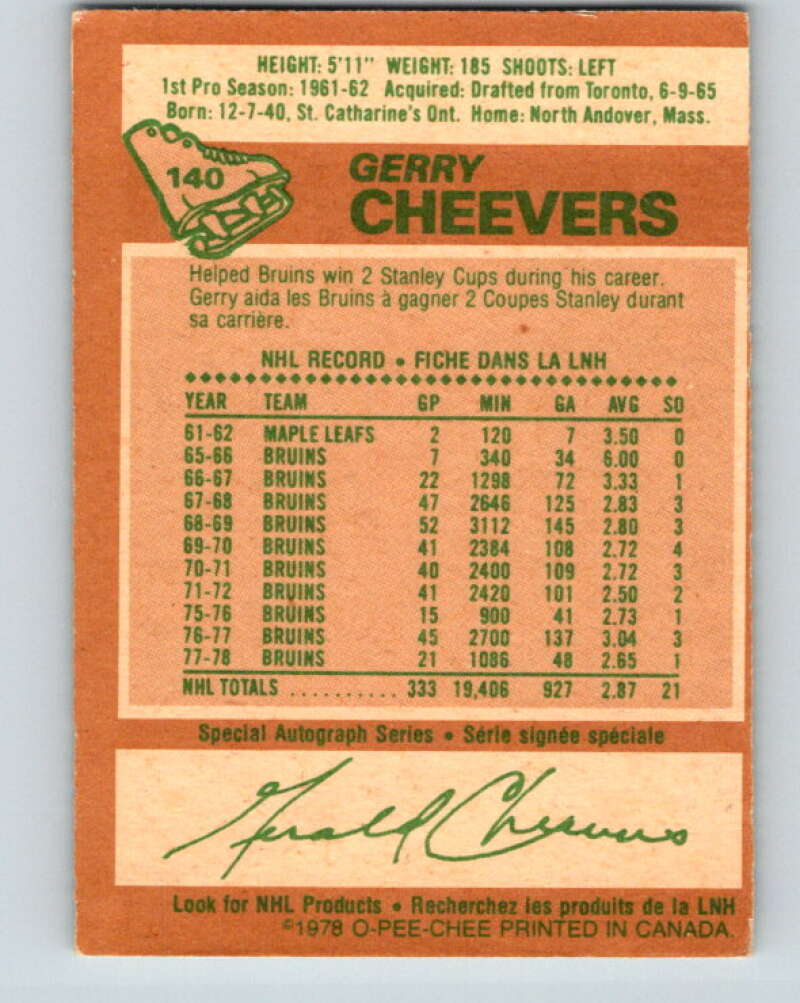 1978-79 O-Pee-Chee #140 Gerry Cheevers Boston Bruins V22887