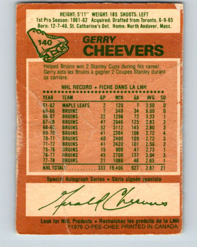 1978-79 O-Pee-Chee #140 Gerry Cheevers Boston Bruins V22889
