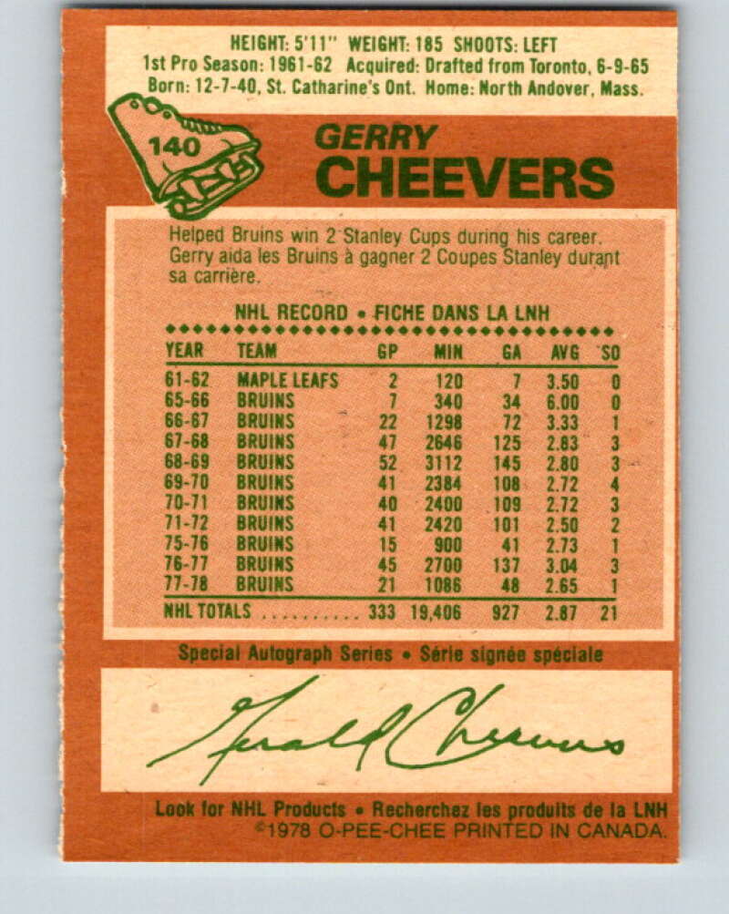1978-79 O-Pee-Chee #140 Gerry Cheevers Boston Bruins V22891