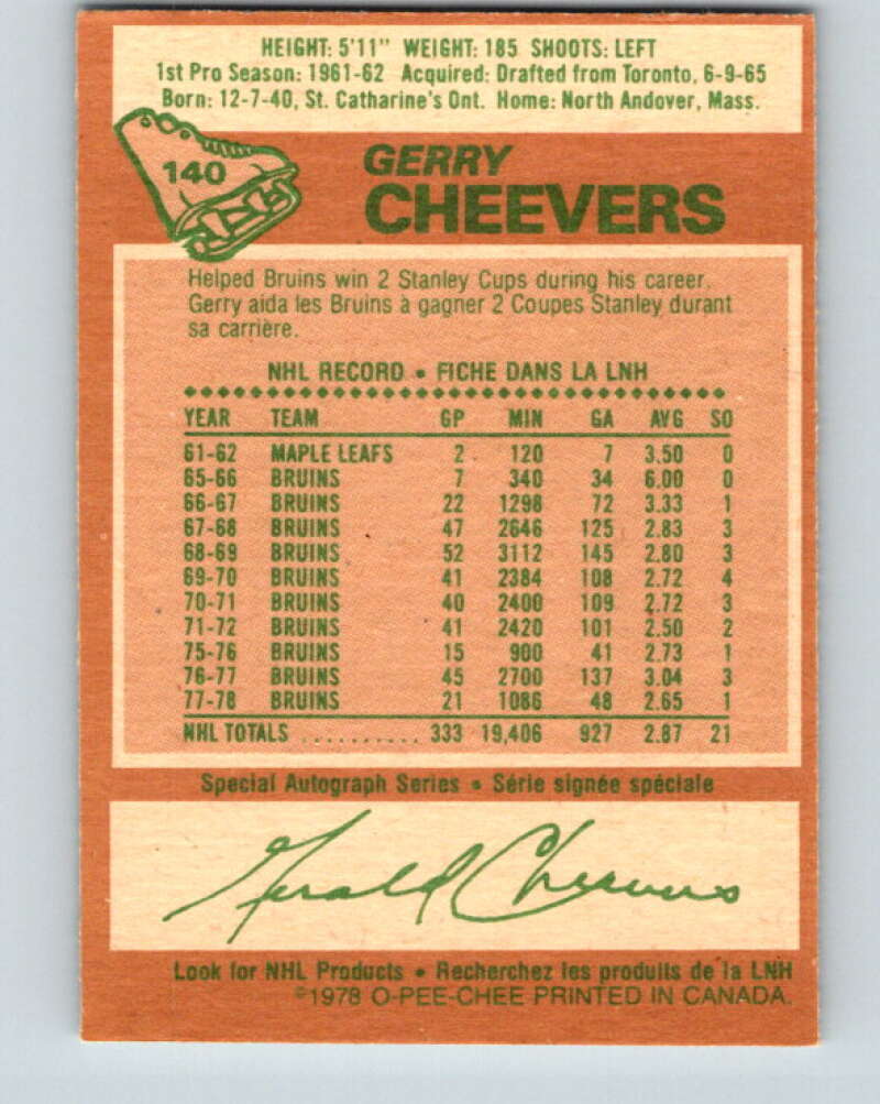 1978-79 O-Pee-Chee #140 Gerry Cheevers Boston Bruins V22893