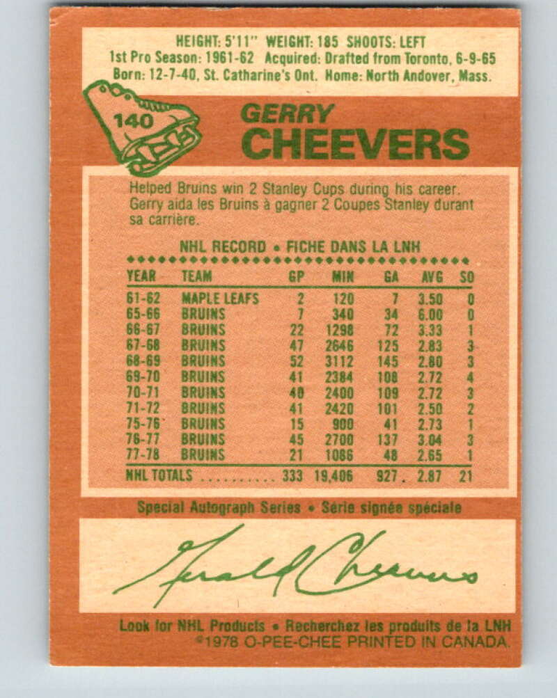 1978-79 O-Pee-Chee #140 Gerry Cheevers Boston Bruins V22896