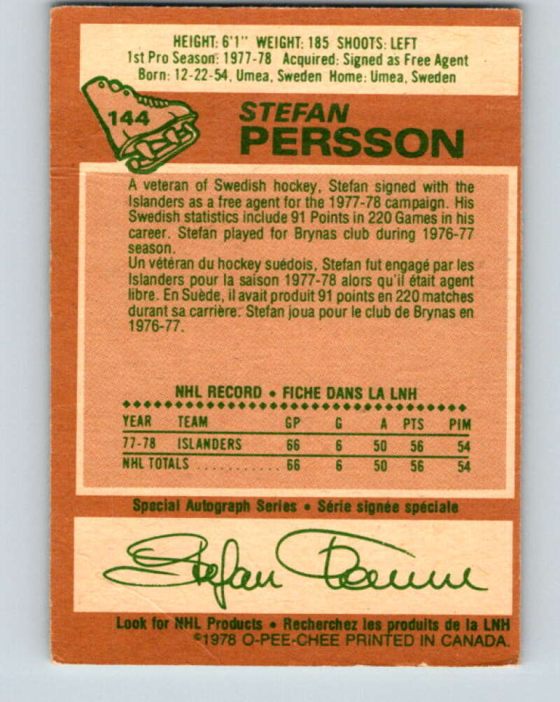 1978-79 O-Pee-Chee #144 Stefan Persson RC Rookie Islanders V22943