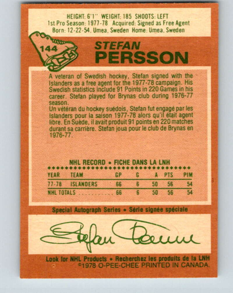 1978-79 O-Pee-Chee #144 Stefan Persson RC Rookie Islanders V22947