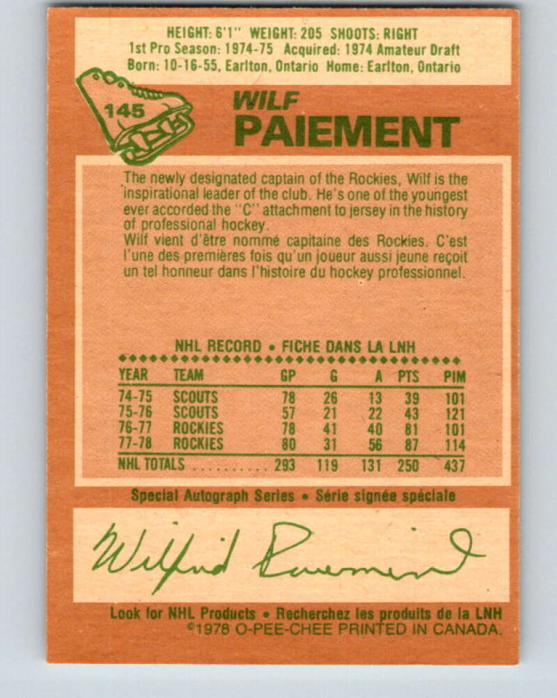 1978-79 O-Pee-Chee #145 Wilf Paiement Colorado Rockies V22958