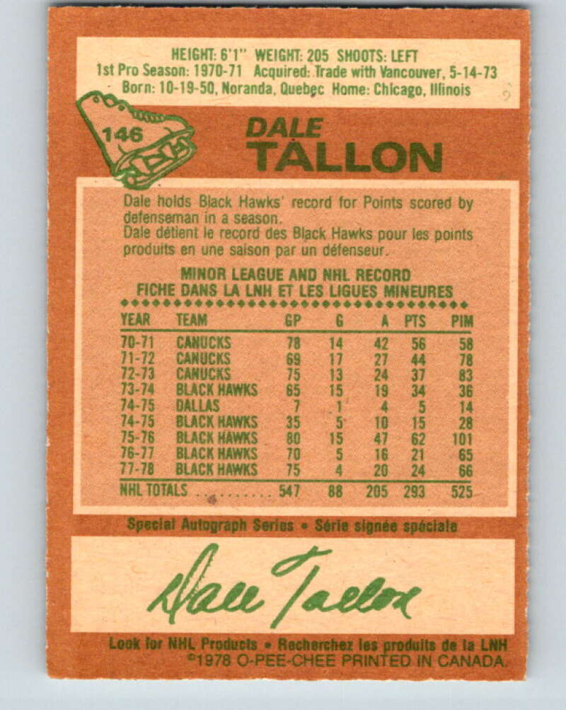 1978-79 O-Pee-Chee #146 Dale Tallon Pittsburgh Penguins V22973