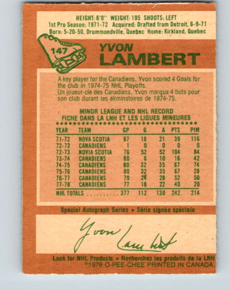 1978-79 O-Pee-Chee #147 Yvon Lambert Montreal Canadiens V22978