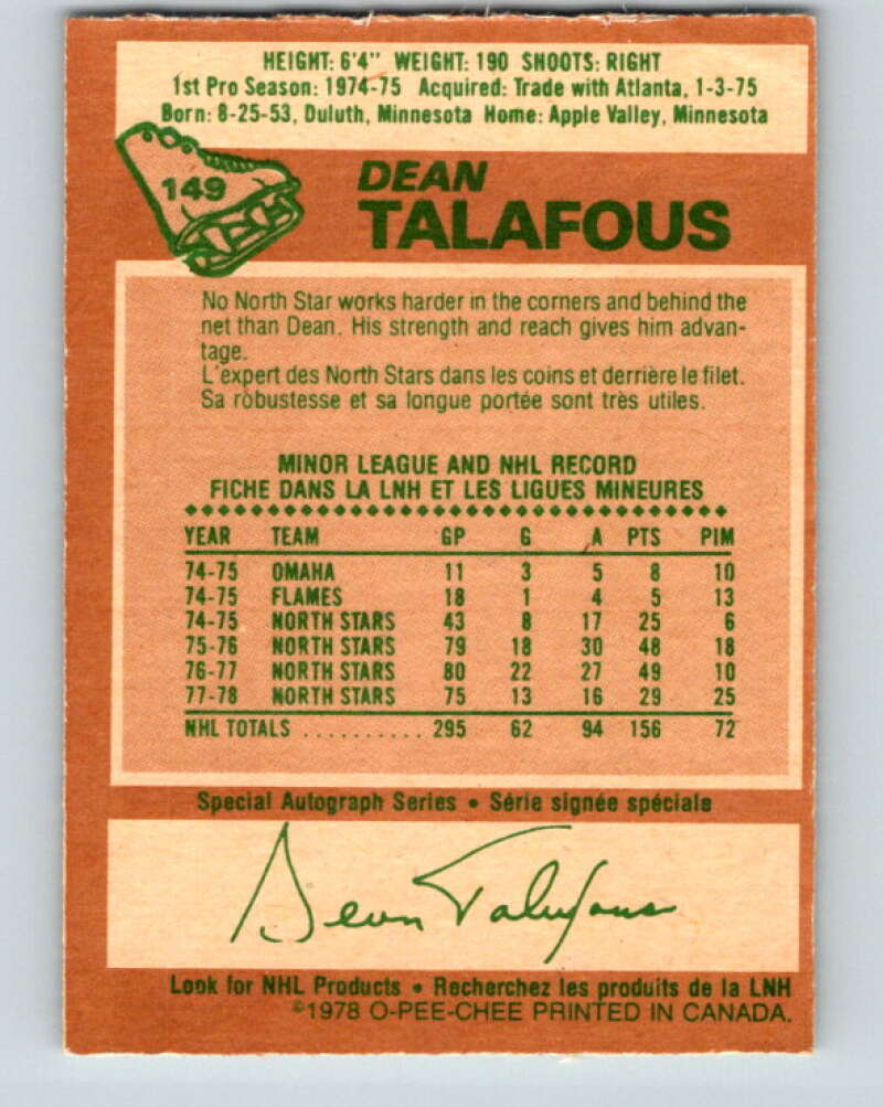 1978-79 O-Pee-Chee #149 Dean Talafous New York Rangers V22992