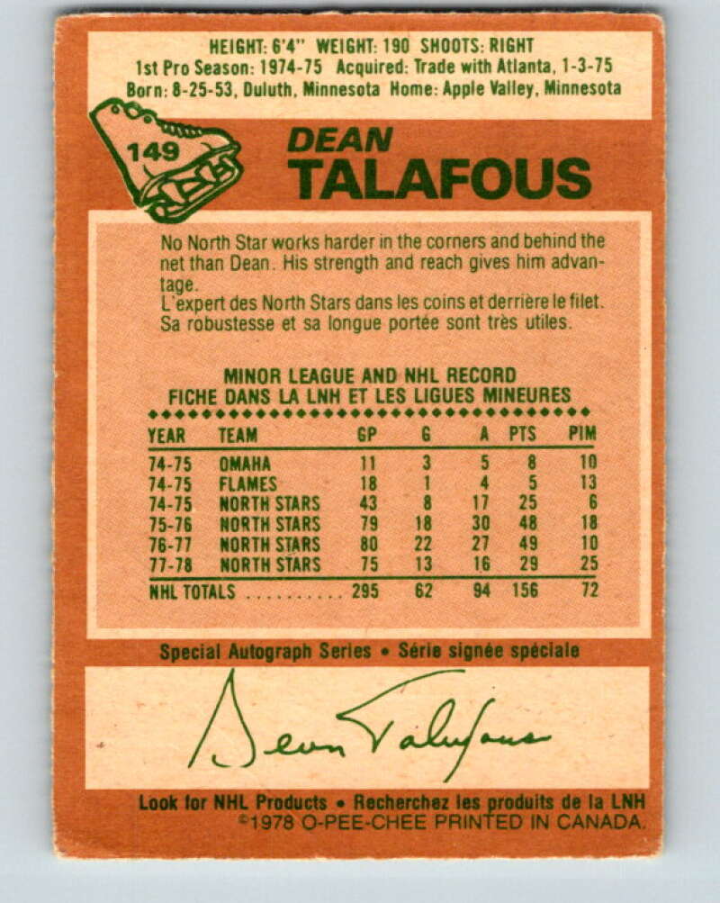 1978-79 O-Pee-Chee #149 Dean Talafous New York Rangers V22999