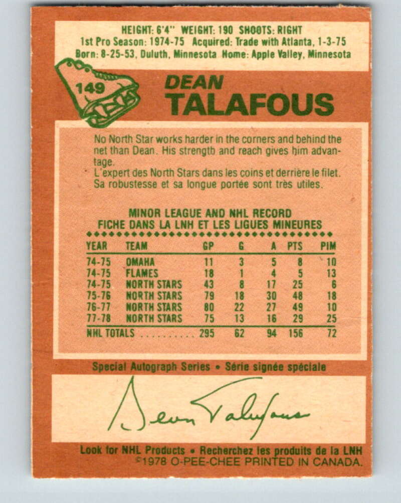 1978-79 O-Pee-Chee #149 Dean Talafous New York Rangers V23004