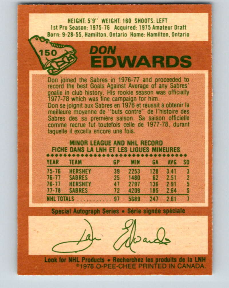 1978-79 O-Pee-Chee #150 Don Edwards AS Buffalo Sabres V23007