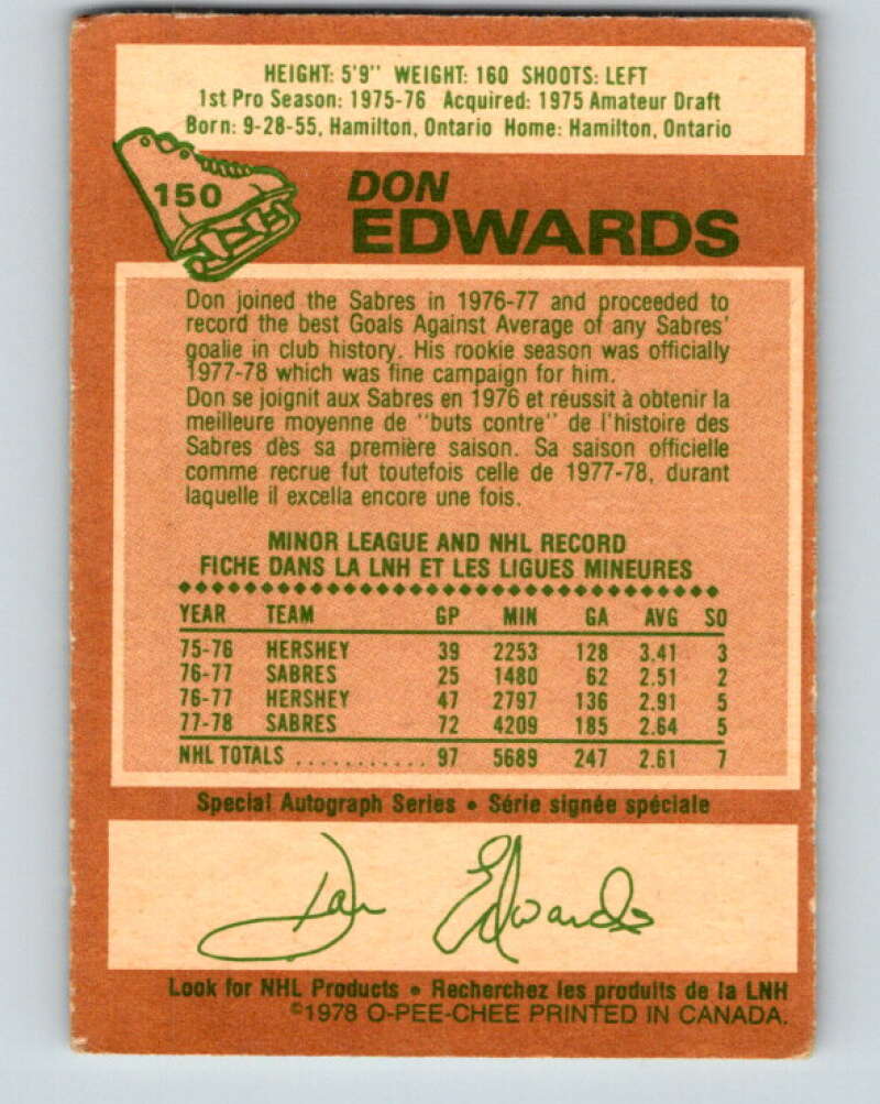 1978-79 O-Pee-Chee #150 Don Edwards AS Buffalo Sabres V23008