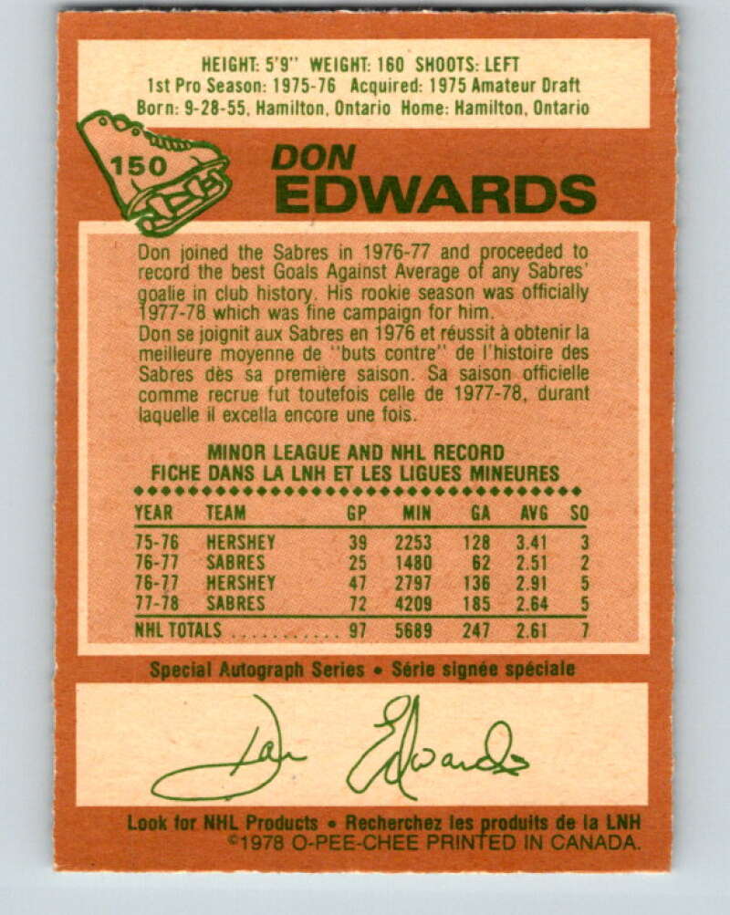 1978-79 O-Pee-Chee #150 Don Edwards AS Buffalo Sabres V23009