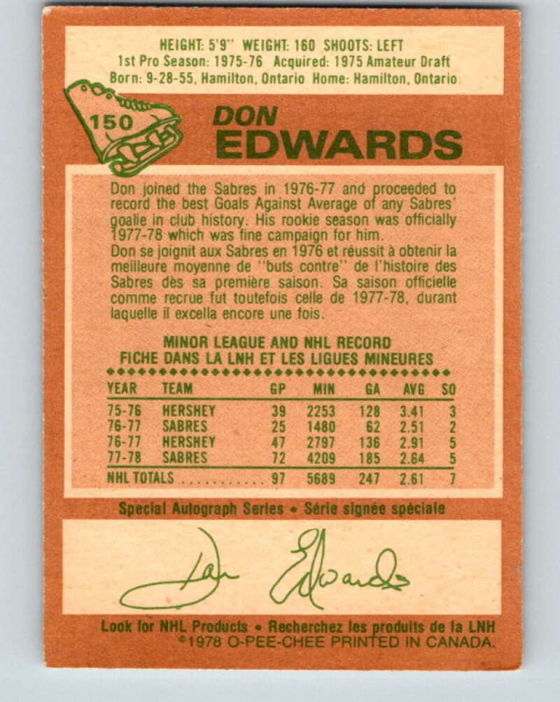 1978-79 O-Pee-Chee #150 Don Edwards AS Buffalo Sabres V23011