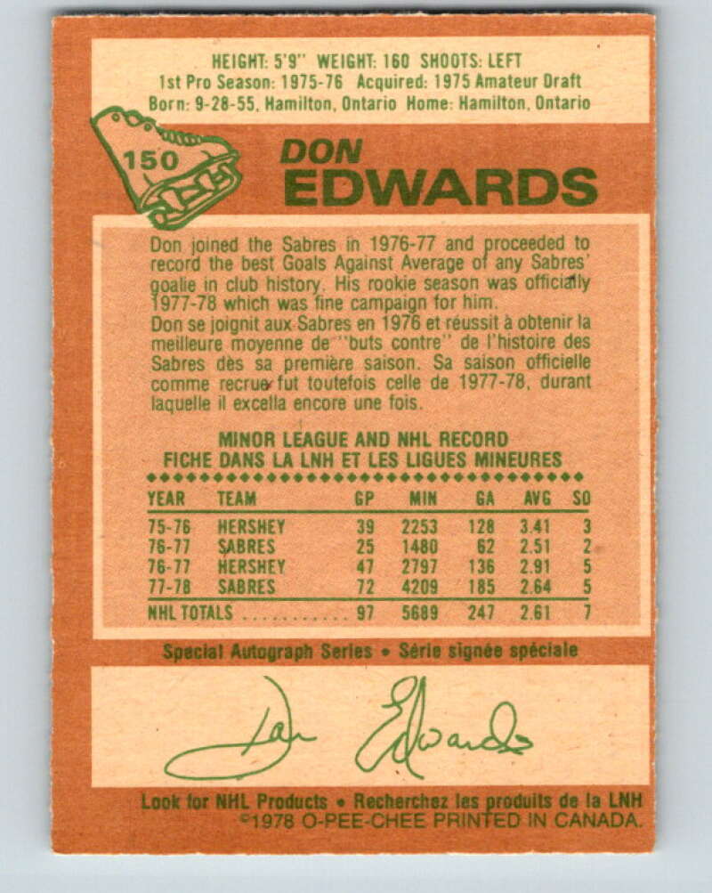 1978-79 O-Pee-Chee #150 Don Edwards AS Buffalo Sabres V23012