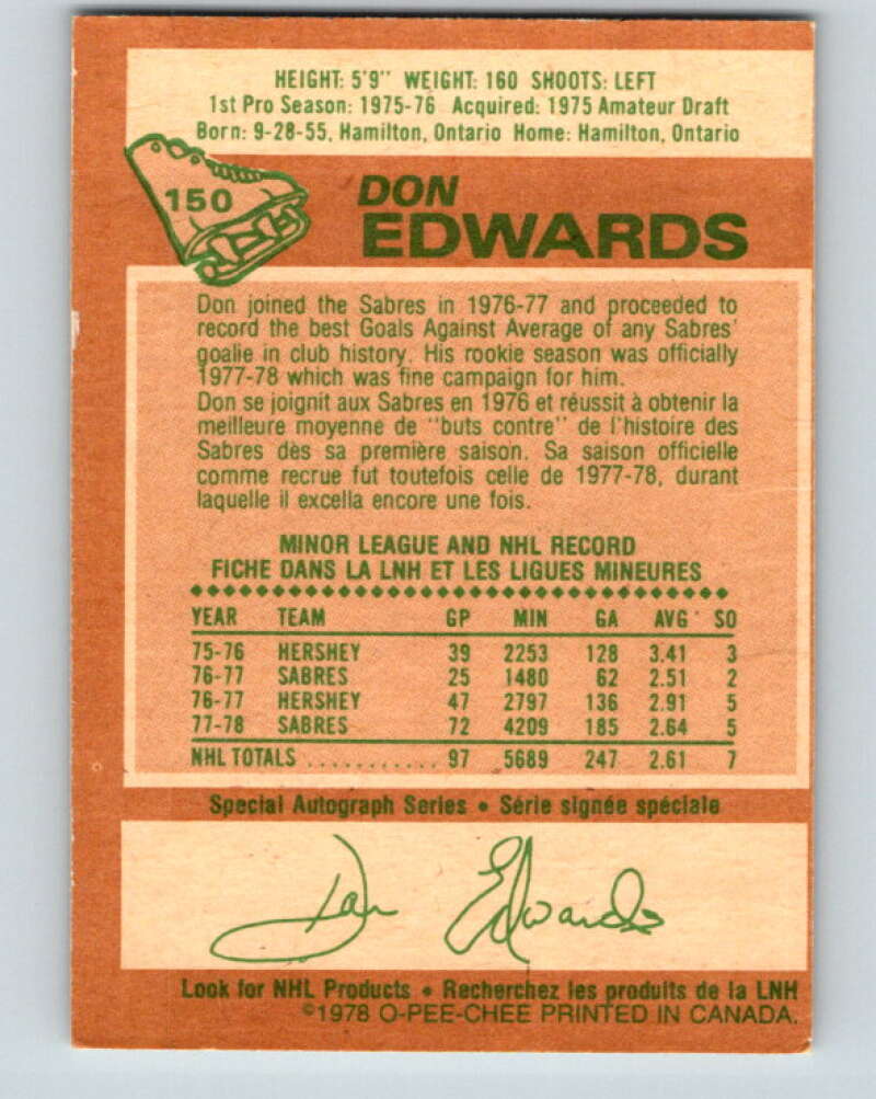1978-79 O-Pee-Chee #150 Don Edwards AS Buffalo Sabres V23013
