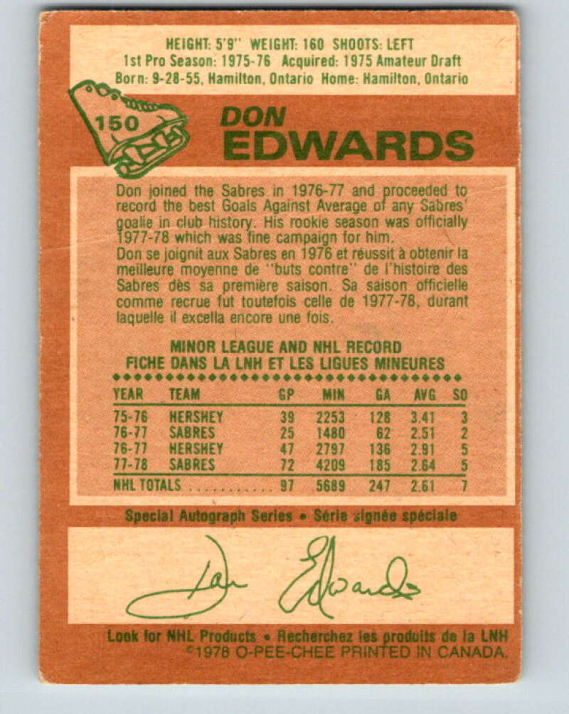 1978-79 O-Pee-Chee #150 Don Edwards AS Buffalo Sabres V23014