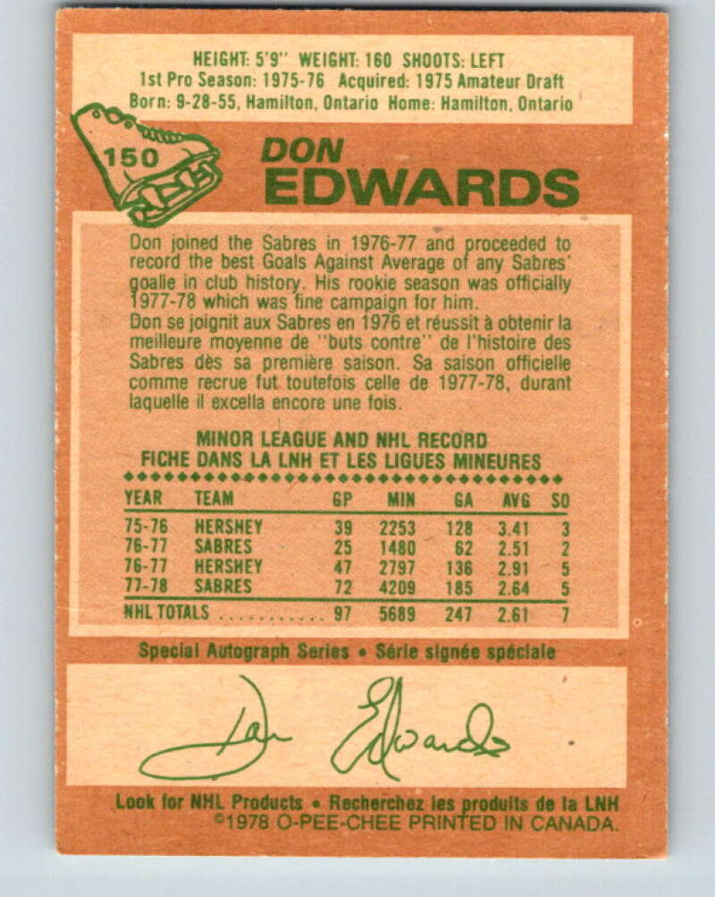 1978-79 O-Pee-Chee #150 Don Edwards AS Buffalo Sabres V23017