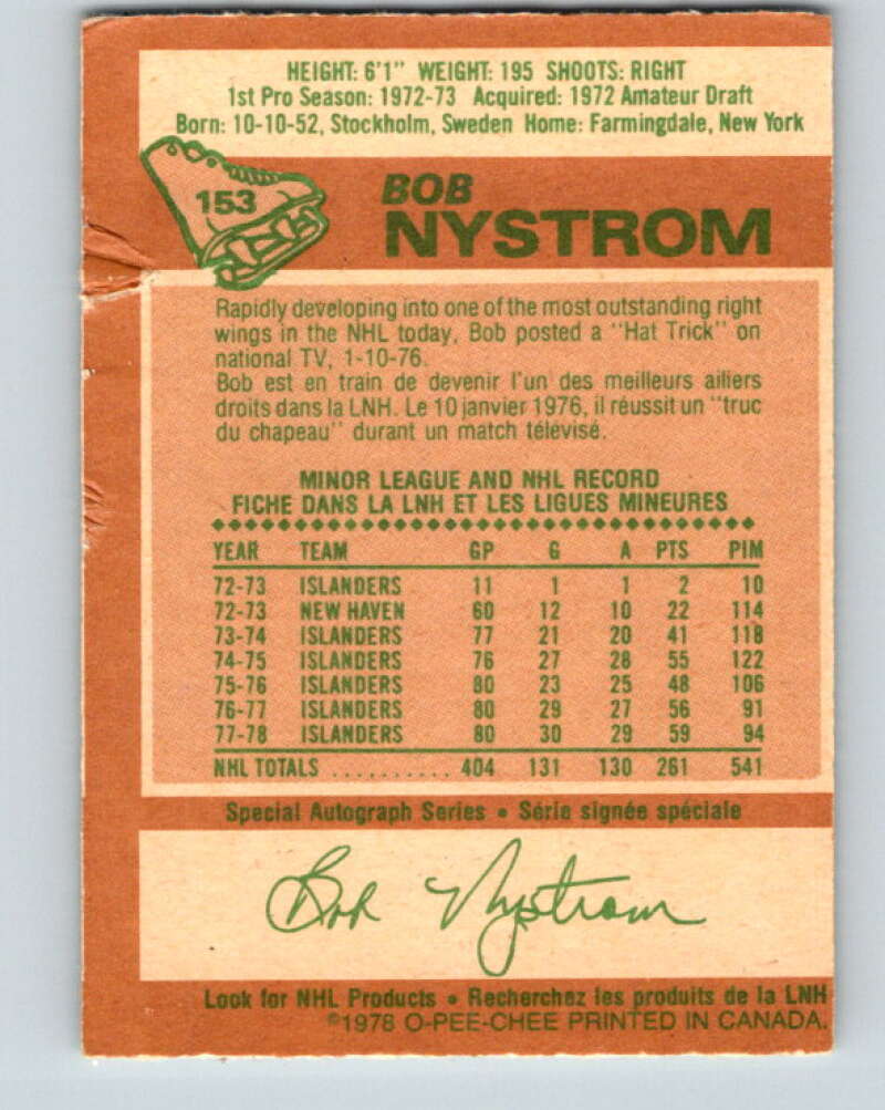 1978-79 O-Pee-Chee #153 Bob Nystrom New York Islanders V23044