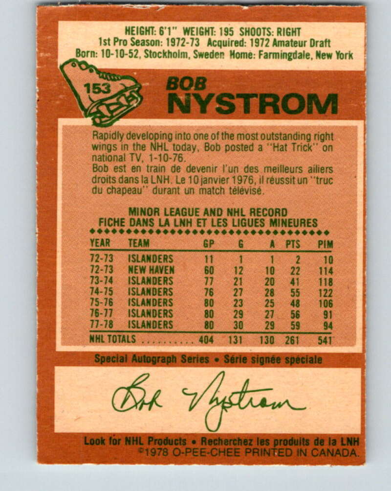1978-79 O-Pee-Chee #153 Bob Nystrom New York Islanders V23045