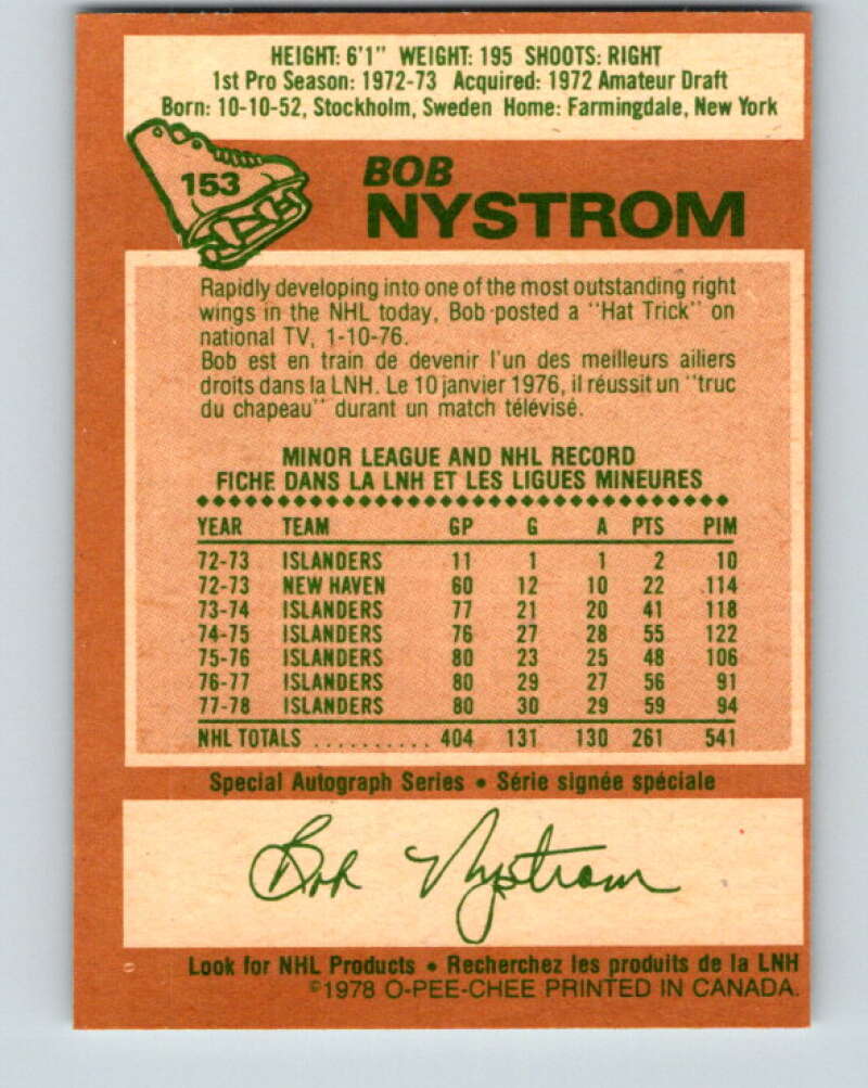 1978-79 O-Pee-Chee #153 Bob Nystrom New York Islanders V23050