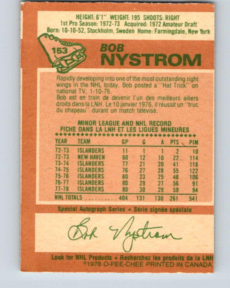1978-79 O-Pee-Chee #153 Bob Nystrom New York Islanders V23052