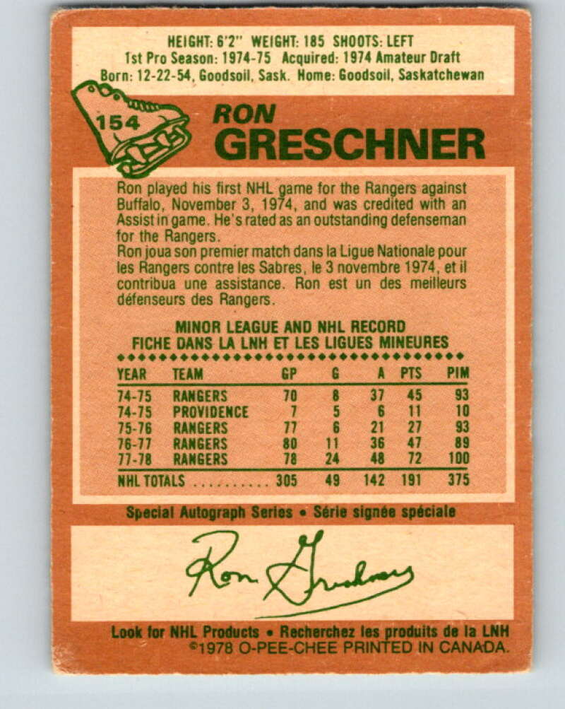 1978-79 O-Pee-Chee #154 Ron Greschner New York Rangers V23056