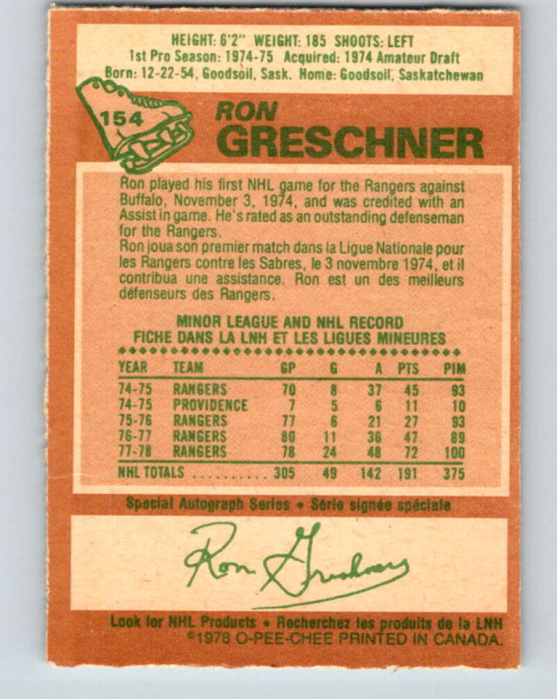 1978-79 O-Pee-Chee #154 Ron Greschner New York Rangers V23060