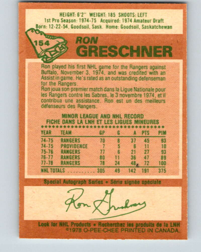 1978-79 O-Pee-Chee #154 Ron Greschner New York Rangers V23061