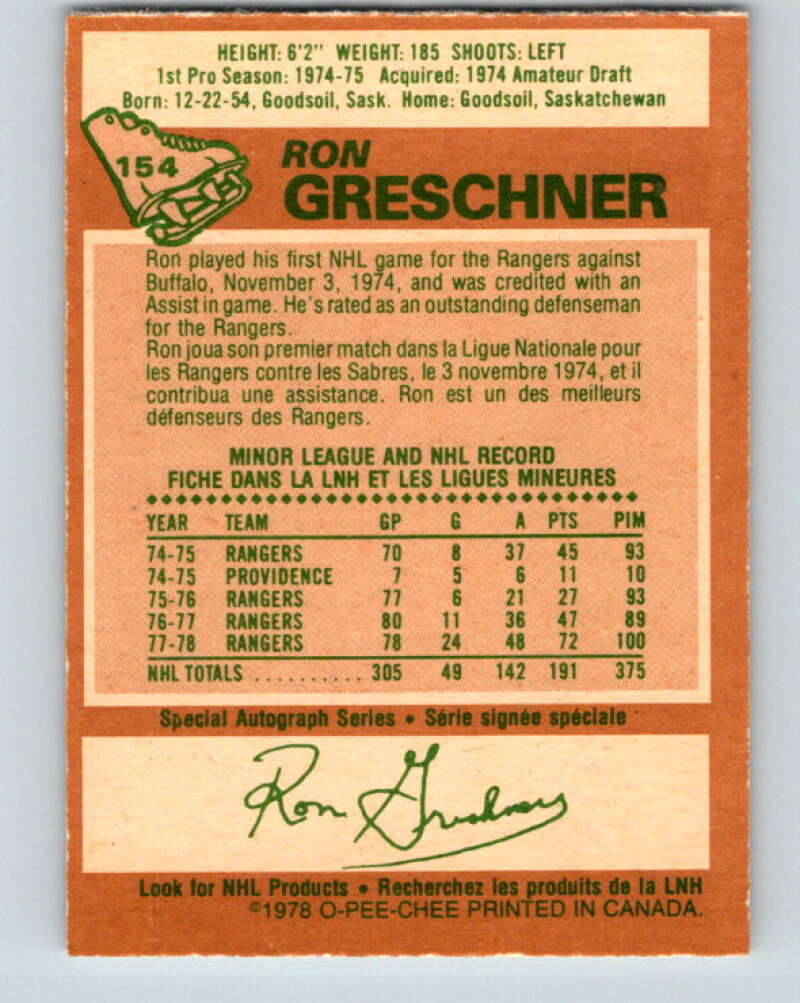 1978-79 O-Pee-Chee #154 Ron Greschner New York Rangers V23062