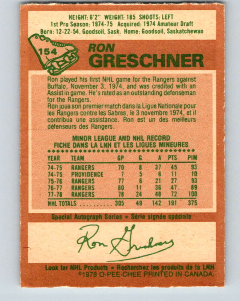 1978-79 O-Pee-Chee #154 Ron Greschner New York Rangers V23065