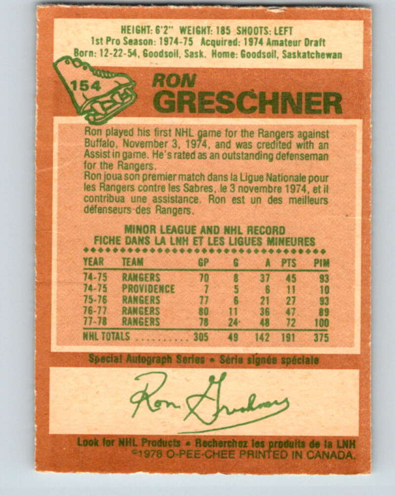 1978-79 O-Pee-Chee #154 Ron Greschner New York Rangers V23067