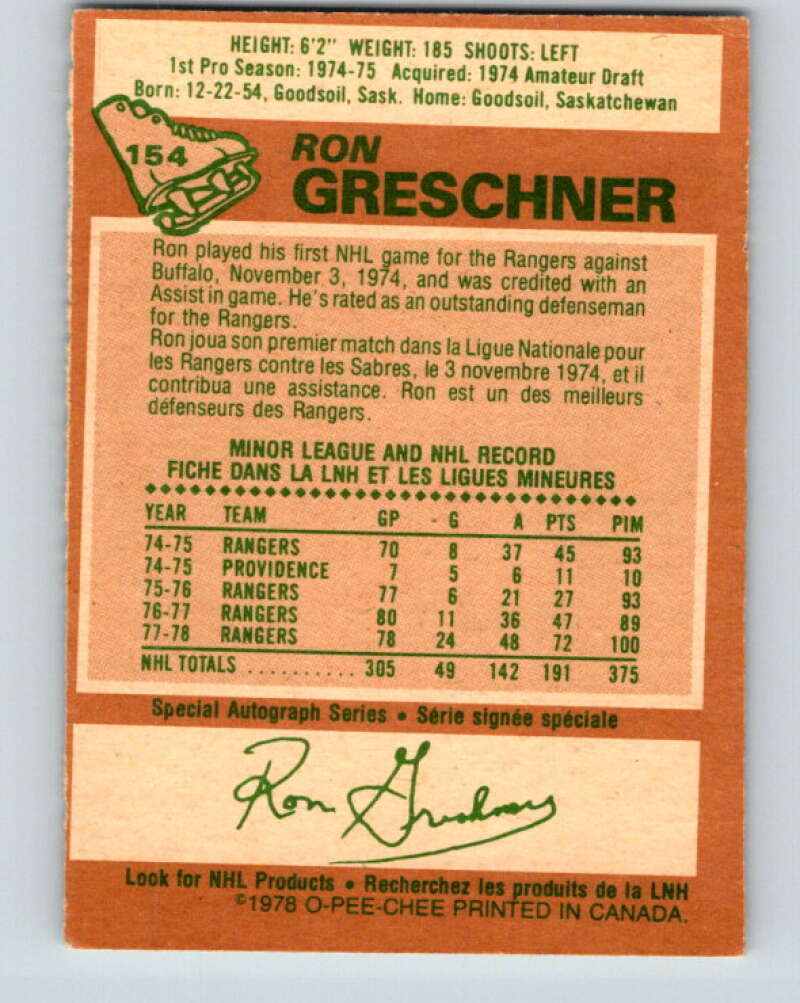 1978-79 O-Pee-Chee #154 Ron Greschner New York Rangers V23069