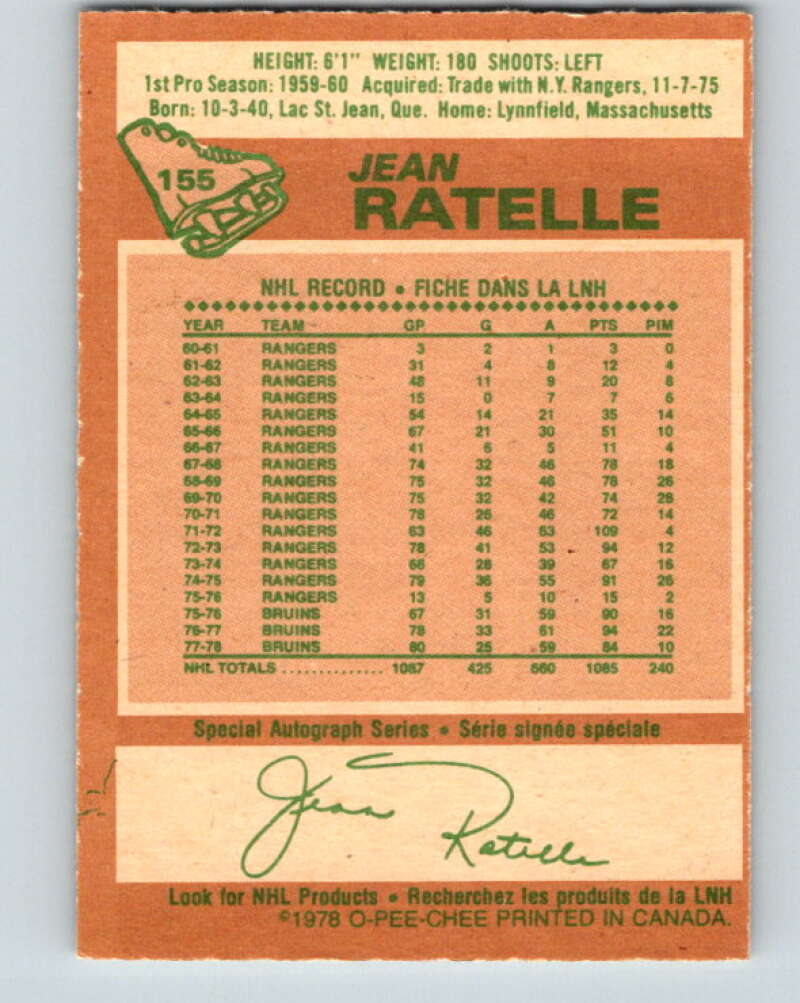1978-79 O-Pee-Chee #155 Jean Ratelle Boston Bruins V23077