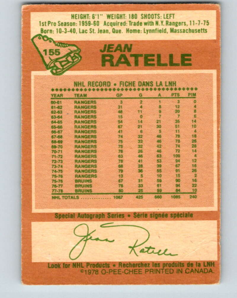 1978-79 O-Pee-Chee #155 Jean Ratelle Boston Bruins V23078