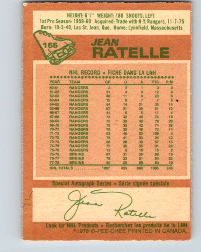 1978-79 O-Pee-Chee #155 Jean Ratelle Boston Bruins V23081