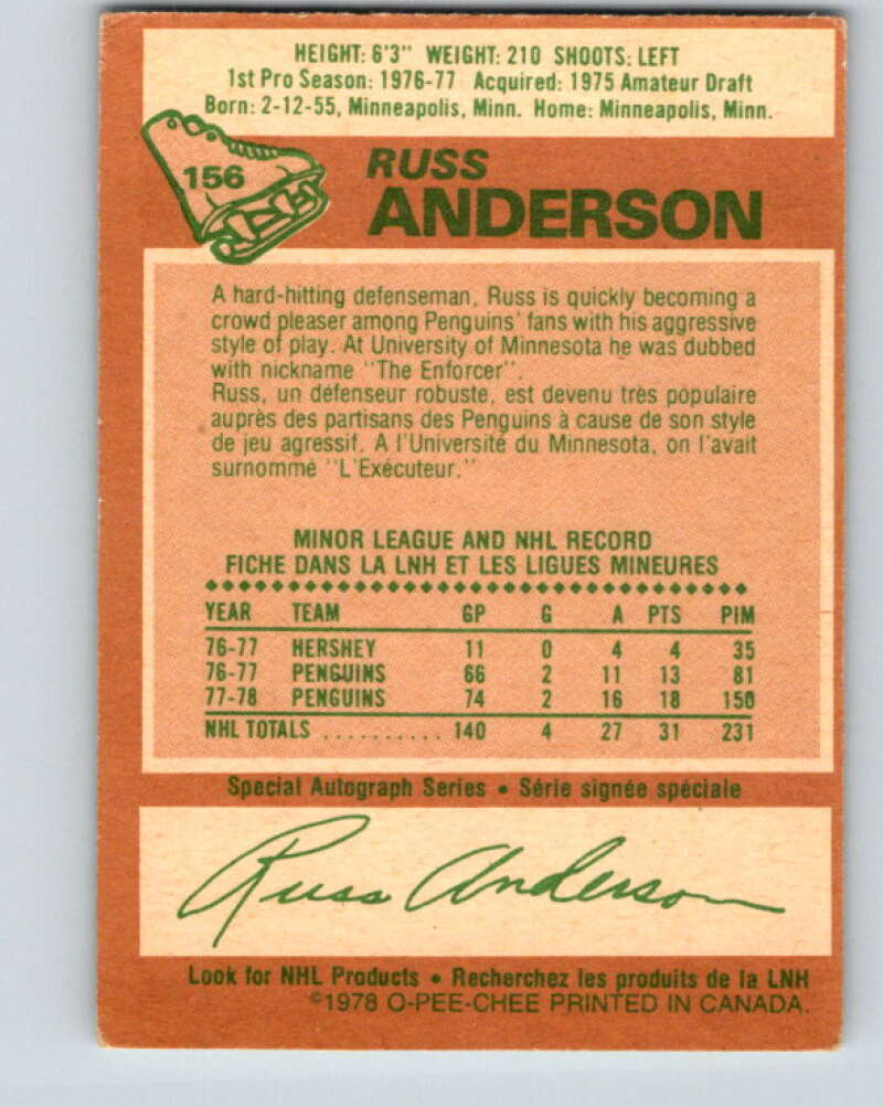 1978-79 O-Pee-Chee #156 Russ Anderson RC Rookie Penguins V23083