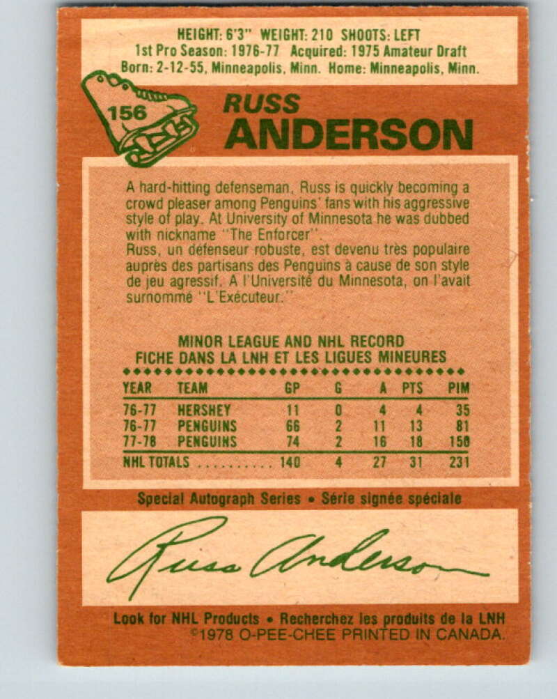 1978-79 O-Pee-Chee #156 Russ Anderson RC Rookie Penguins V23085
