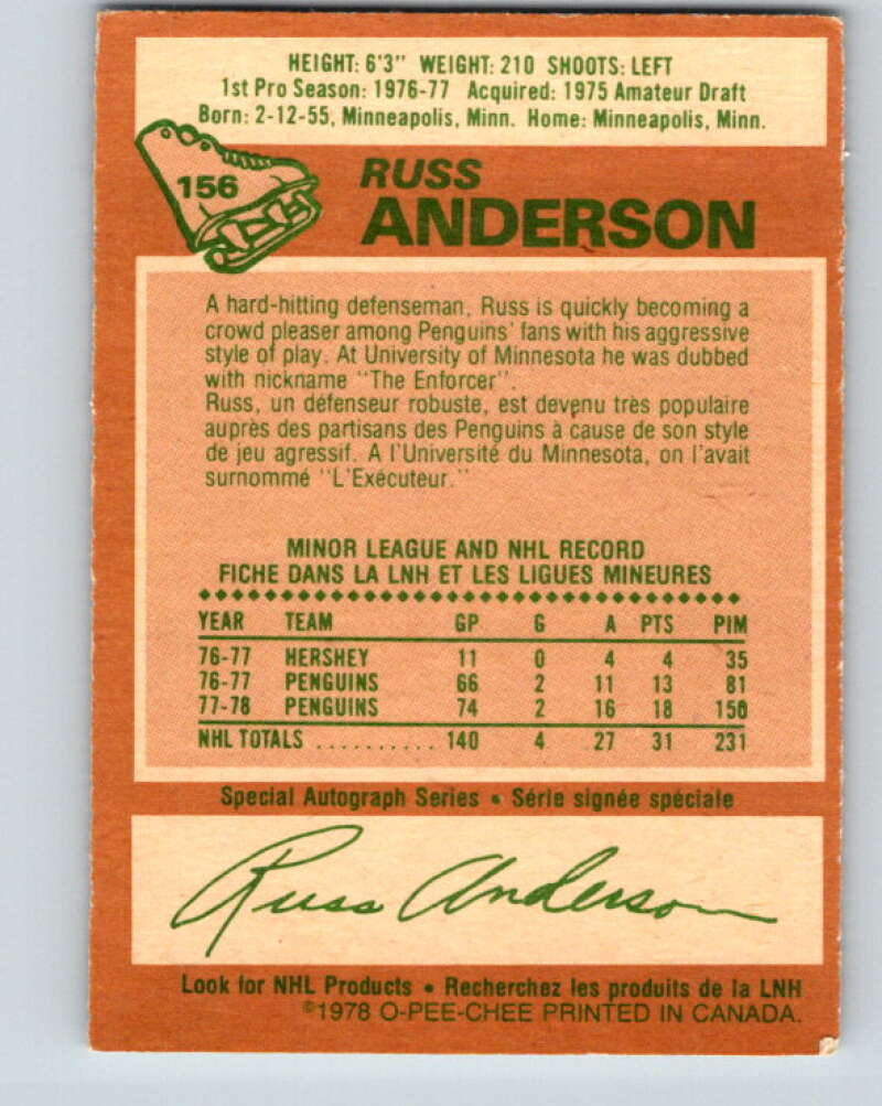 1978-79 O-Pee-Chee #156 Russ Anderson RC Rookie Penguins V23089